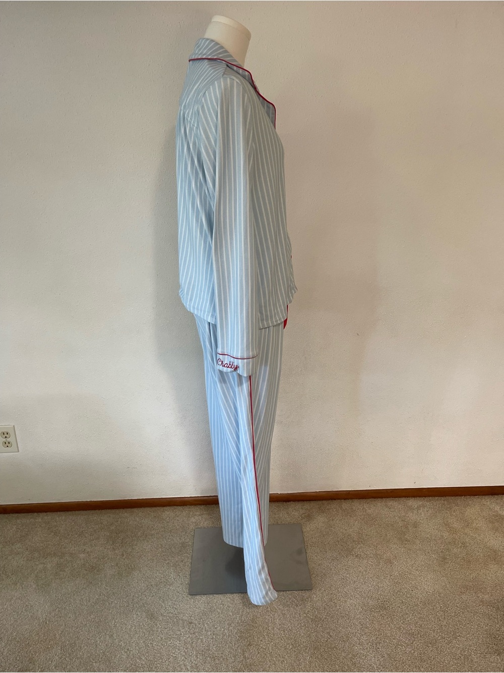 P.J. Salvage Light Blue and White Striped Pajama Set with Red Trim - Picture 3 of 15